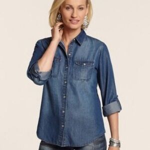Chico's Blue Button Down Shirt with Dress Shirt Collar and 3/4 Sleeves
